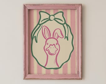 Nursery Wall Art, Bunny Ears Duck Illustration, Pink Pastel Digital Download