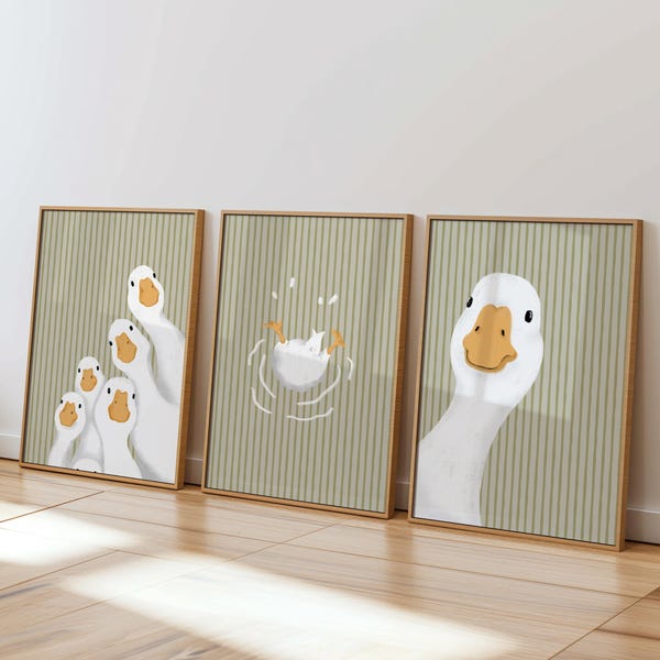 Cute Duck Digital Art Print Set - Playful Sage Green Stripes Wall Art for Kids, Nursery Decor, Animal Lover Printable, Fun Duck Themed Home