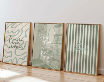 Digital Bathroom Wall Art Set Of 3, Sage Green Printable Posters, Bath Time Decor