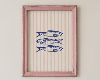 Impressão artística costeira com peixes azuis e listras rosadas (download digital)