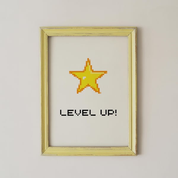 Gamer Wall Art, Level Up Quote, Pixel Star, Minimalist Digital Download