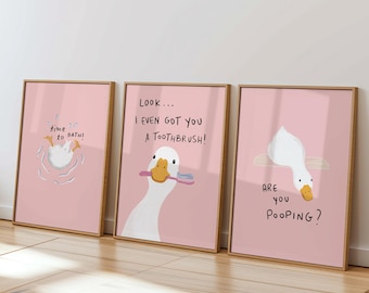 Funny Duck Bathroom Wall Art Set, Printable Pink Goose Nursey Decor, Digital Download