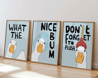 Funny Duck Bathroom Wall Art Set of 3, Blue Striped Printable Posters, Digital Download