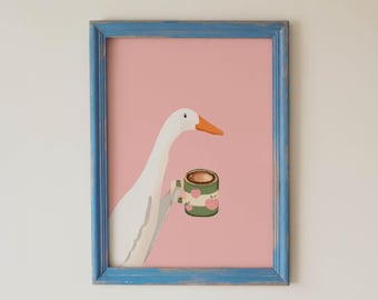 Goose Poster with Coffee Mug, Whimsical Pink Kitchen Wall Art Print