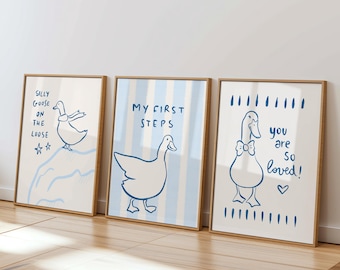 Goose Nursery Wall Art Set of 3, Blue Line Art, Digital Download