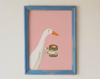 Duck Coffee Print, Whimsical Pink Kitchen Wall Art, Pastel Sage Green Goose Poster