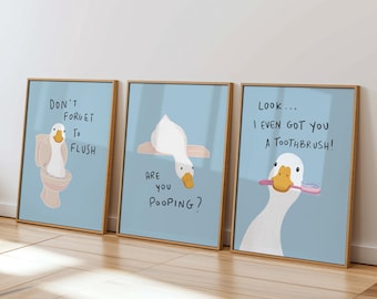 Blue Bathroom Wall Art Set Of 3, Funny Duck Bathroom Decor, Digital Download