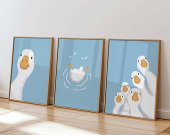 Set of 3 Duck Wall Art Prints, Blue Goose Printable, Nursery Animal Poster Decor