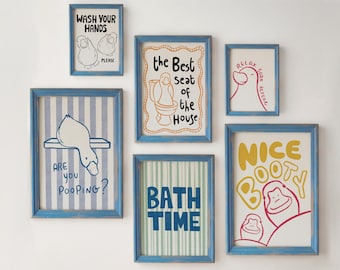 Bathroom Wall Art Set Of 6, Funny Duck Bathroom Prints, Contemporary Digital Download