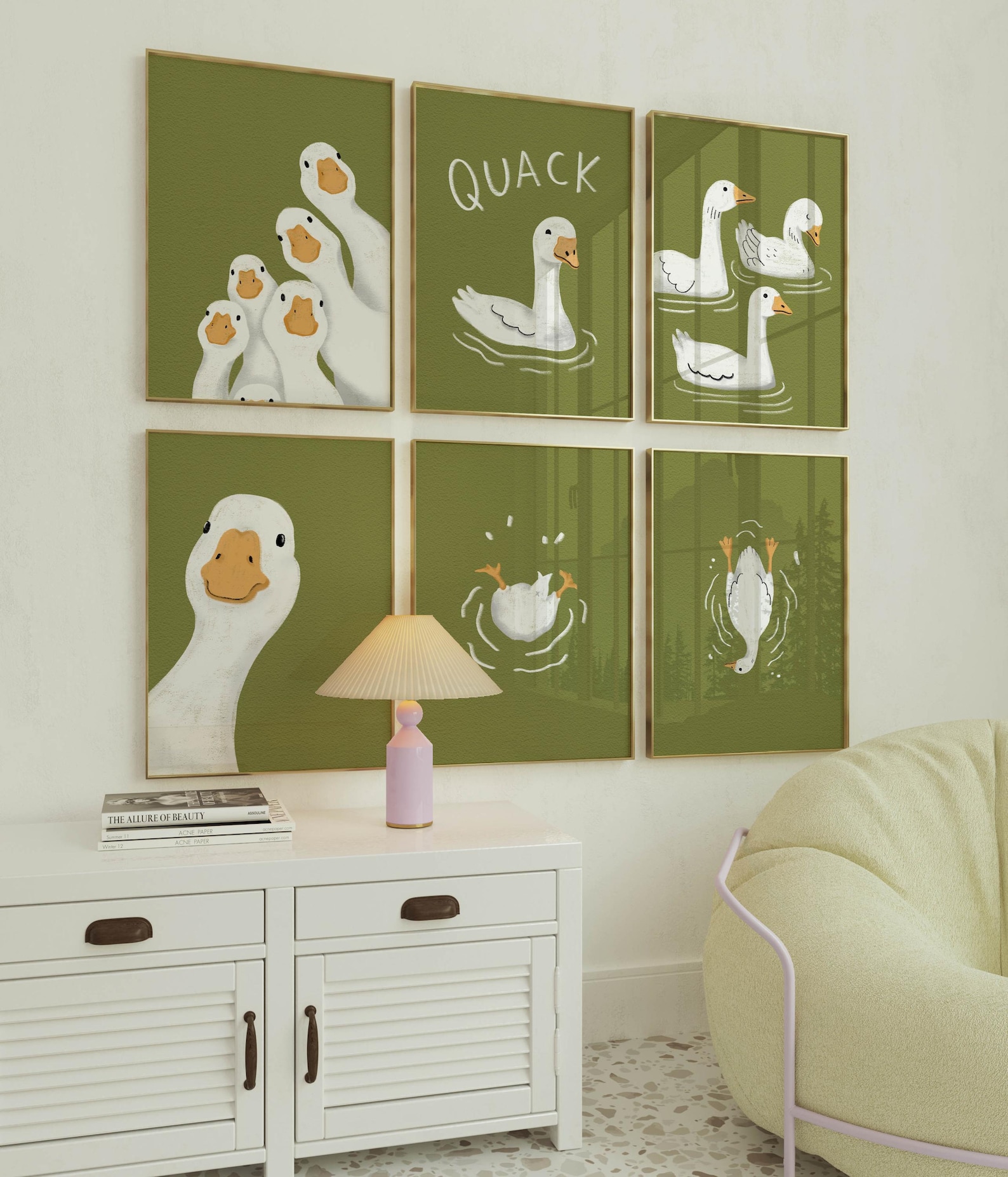 Sage Green Goose Wall Art Set of 6 – Farmhouse Nursery Decor, Kids Room ...