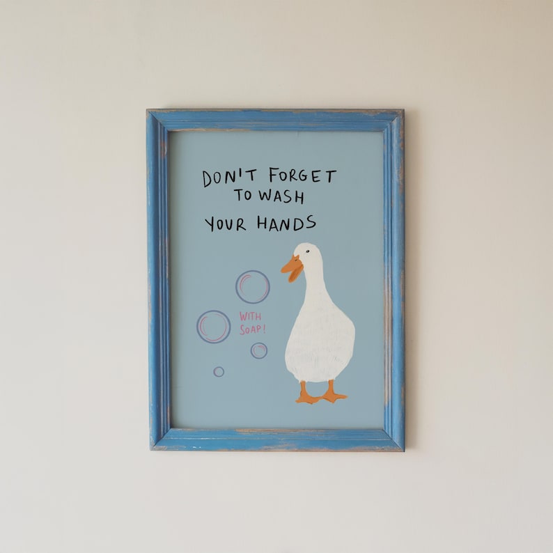 Blue Bathroom Wall Art Set of 6, Funny Duck Bathroom Decor, Digital ...