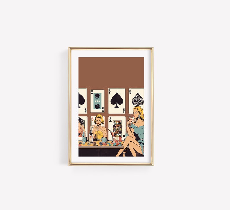 Women Poker Night Cards & Drinks Playing Cards Wall Print Retro Digital Download Print Large Printable Art Downloadable Prints image 5
