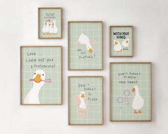 Sage Green Duck Bathroom Wall Art Set of 6, Funny Printable Decor, Digital Download