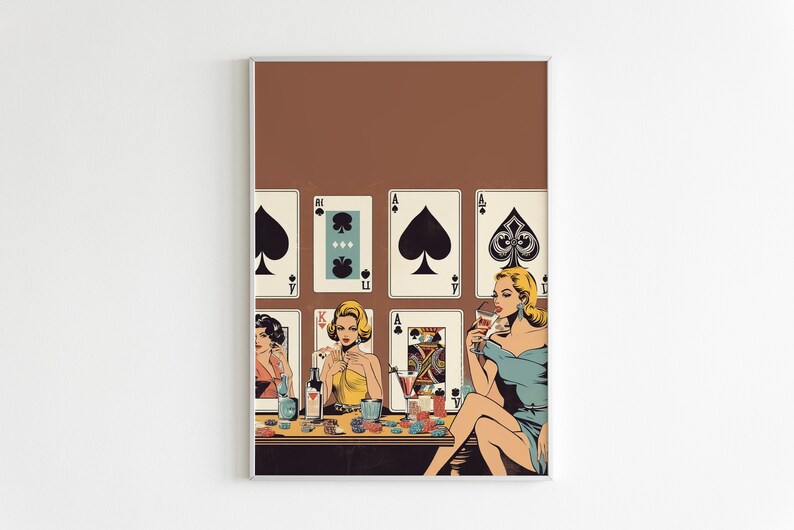 Women Poker Night Cards & Drinks Playing Cards Wall Print Retro Digital Download Print Large Printable Art Downloadable Prints image 9