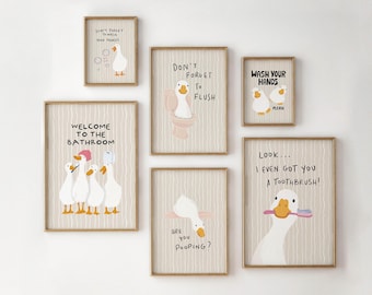 Beige Duck Bathroom Wall Art Set of 6, Funny Printable Bathroom Decor, Digital Download