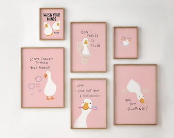 Pink Bathroom Wall Art Set Of 6, Funny Goose Kids Decor, Digital Download