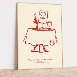 Arte mural minimalista de comida italiana, decoración de pared italiana roja, póster con cita de comida italiana, regalo para amantes del vino, decoración de pared de cocina, descarga digital