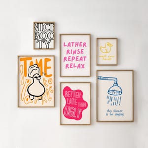 Juego de 6 impresiones minimalistas divertidas para pared de baño / Enjabonar, enjuagar, repetir y más / Decoración de baño con humor / Láminas de arte moderno para baño