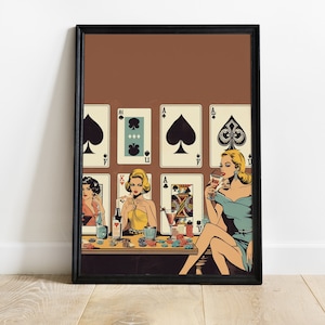 Pokeravondkaarten en drankjes voor dames | Muurafdruk speelkaarten | Retro digitale downloadafdruk | Grote afdrukbare kunst | Downloadbare afdrukken