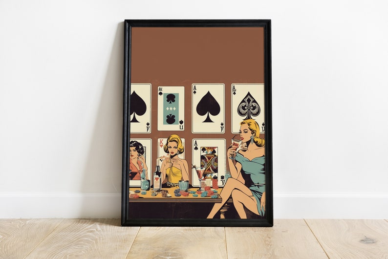 Women Poker Night Cards & Drinks Playing Cards Wall Print Retro Digital Download Print Large Printable Art Downloadable Prints image 1