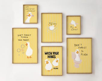 Digital Duck Bathroom Wall Art Set Of 6, Funny Yellow Printable Posters for Nursery