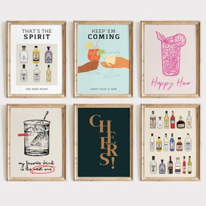 Cocktail Bar Wall Art Set of 6 | Modern Alcohol Decor Printables | Happy Hour Kitchen Signs | Funny Digital Gift Perfect for Housewarming