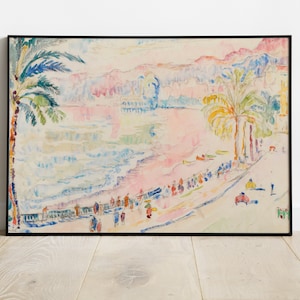 May include: Watercolor painting of a beach scene with palm trees, people, and buildings. The artwork features a black frame and is displayed on a light wood floor. The color palette includes pink, blue, green, and yellow.