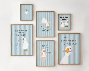 Blue Stripes Bathroom Wall Art Set Of 6, Funny Duck Nursery Decor, Digital Download