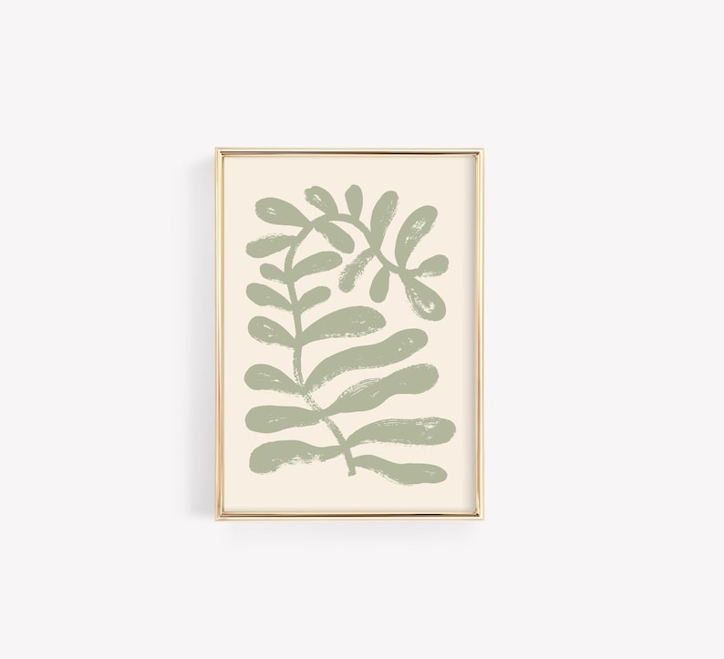 May include: A framed print with a minimalist design featuring a stylised green plant on a cream background.