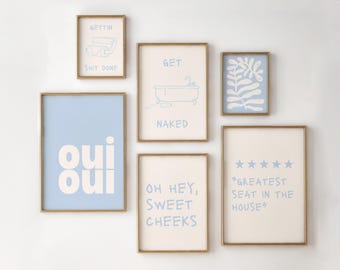 Pastel Blue Bathroom Prints: Funny Modern Wall Art (Digital Download)