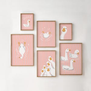 Pink Stripes Goose Print: Farmhouse Nursery Wall Art (Digital Download