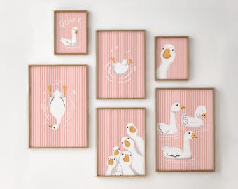 Lámina de ganso con rayas rosas: Arte de pared para habitación infantil de estilo rústico (descarga digital)
