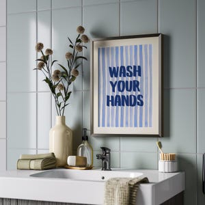 Wash Your Hands Art Print: Blue Watercolor Bathroom Decor (instant ...