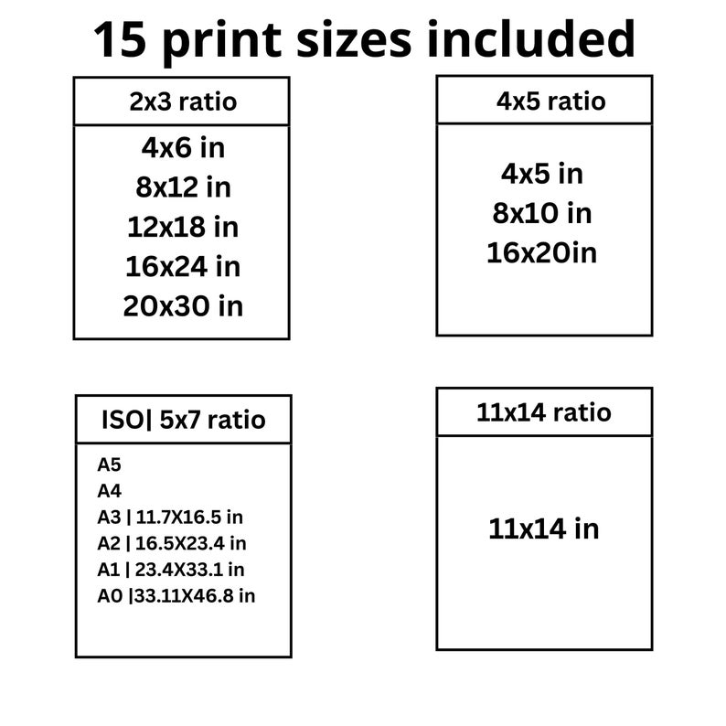 Może przedstawiać: Wykres przedstawiający 15 r&oacute;żnych rozmiar&oacute;w wydruk&oacute;w, w tym proporcje 2x3, 4x5, 5x7 i 11x14. Rozmiary są podane w calach.