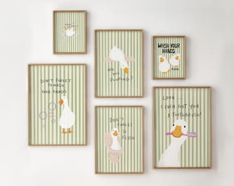 Bathroom Wall Art Set Of 6, Light Green Stripes Duck Nursery, Farmhouse Digital Download