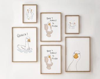 White Bathroom Wall Art Set Of 6, Funny Duck Nursery Decor, Digital Download