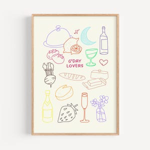Food & Wine Line Art Print: Modern Kitchen Decor (Digital Download)