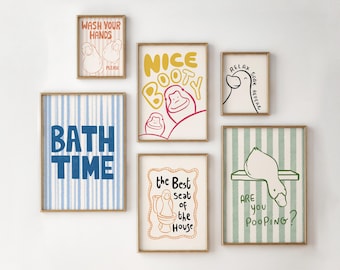 Funny Bathroom Wall Art Set f 6, Duck Nursery Print, Kids Digital Download