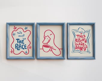 Kitchen Wall Art Set of 3, Duck Coffee Line Art, Funny Quotes Digital Download