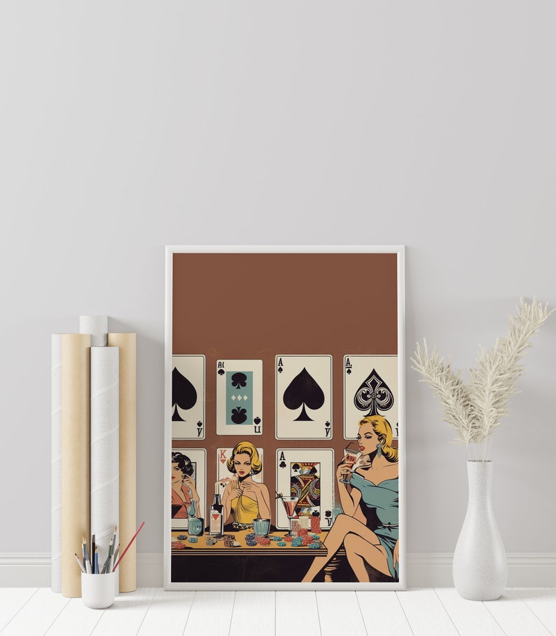 Women Poker Night Cards & Drinks Playing Cards Wall Print Retro Digital Download Print Large Printable Art Downloadable Prints image 7