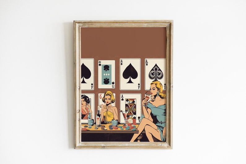 Women Poker Night Cards & Drinks Playing Cards Wall Print Retro Digital Download Print Large Printable Art Downloadable Prints image 3