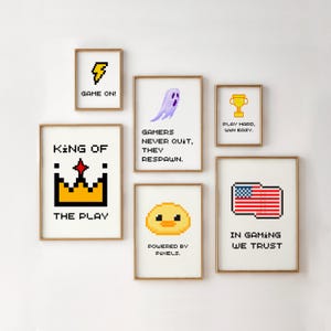 Set of 6 Gamer Wall Art Prints | Fun Pixel Art Decor | Gift for Gamers & Kids | Video Game Room Posters | Game On, Respawn, King of Play