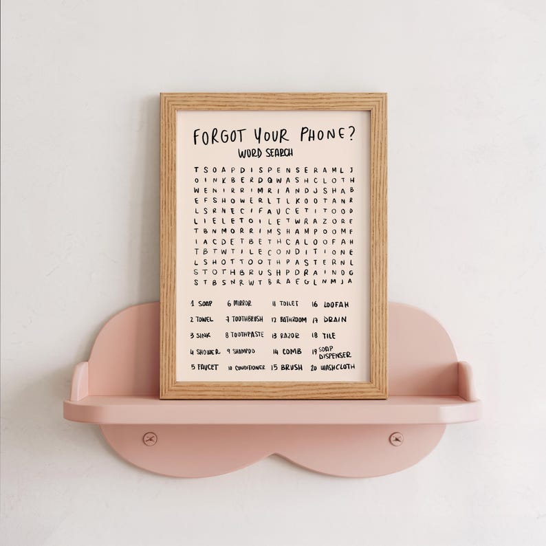 Bathroom Word Search Print, Forgot Your Phone Sign, Funny Guest Bath Wall Art image 2