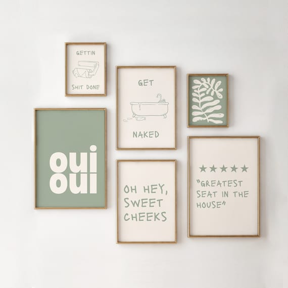 Sage Green Bathroom Wall Art - Set of 6 PRINTABLES - Modern Bathroom Prints, Funny Bathroom Decor, Trendy Wall Art, Digital Download