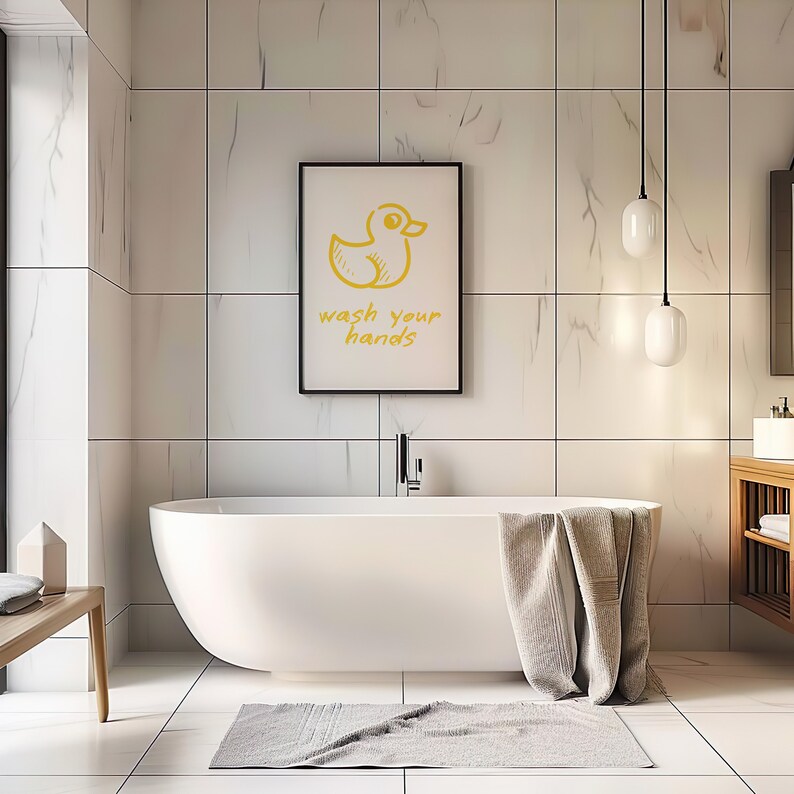 Wash Your Hands Bathroom Wall Art Cute Duck Illustration, Fun Bathroom