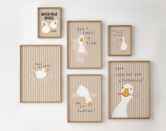 Funny Duck Bathroom Wall Art Set of 6, Brown Stripes Retro Printable Posters, Digital