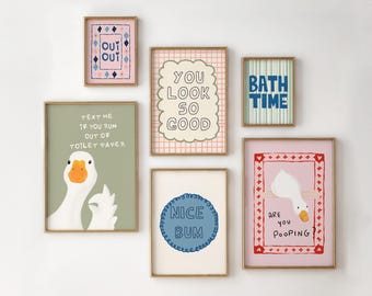 Bathroom Wall Art Set of 6, Funny Duck Prints, Quirky Toilet Decor Digital