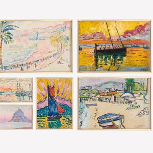 May include: A collection of five framed landscape paintings with gold frames. The paintings depict coastal scenes with boats, beaches, and palm trees, using a vibrant palette of colors including blues, yellows, and pinks. The art style is impressionistic.
