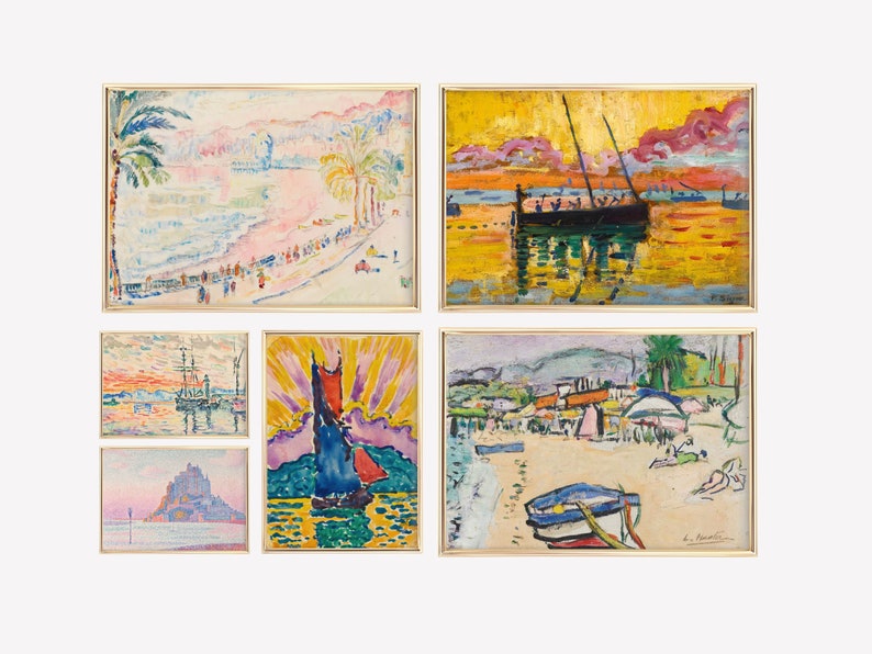 May include: A collection of five framed landscape paintings with gold frames. The paintings depict coastal scenes with boats, beaches, and palm trees, using a vibrant palette of colors including blues, yellows, and pinks. The art style is impressionistic.