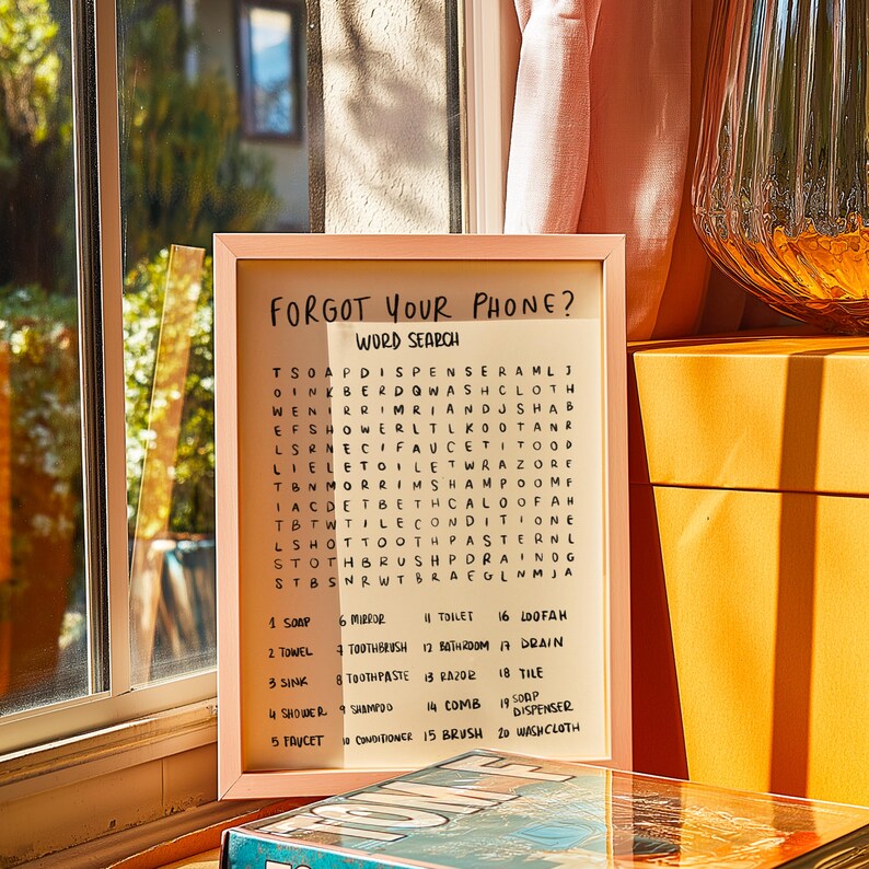 Bathroom Word Search Print, Forgot Your Phone Sign, Funny Guest Bath Wall Art image 8